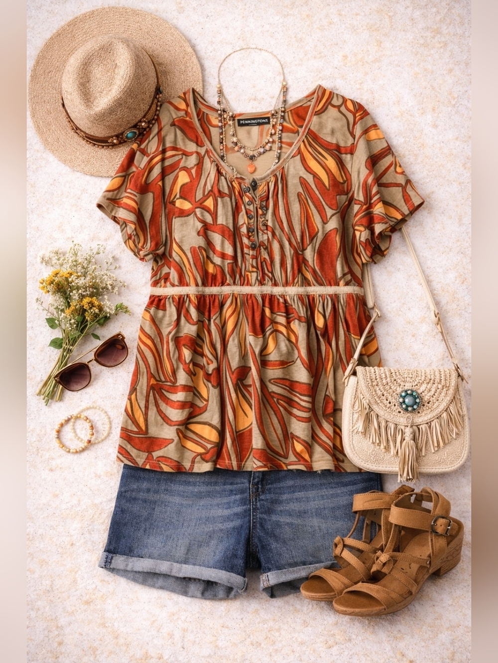 Penningtons Beige Abstract Print Top 16 | Empire Waist Boho Blouse